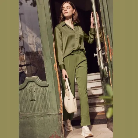 Esmara Spodnie Damskie Wide Leg ZIELONE 42 Wysoki Stan Kant Wiskoza Eco