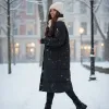 Boohoo Długa Kurtka Płaszcz Damski Czarny Pikowany Puchowy bez Kaptura r.34
