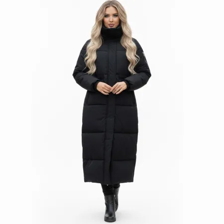 Boohoo Długa Kurtka Płaszcz Damski Czarny Pikowany Puchowy bez Kaptura r.34