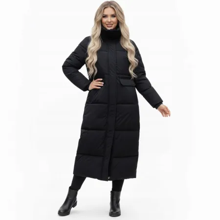 Boohoo Długa Kurtka Płaszcz Damski Czarny Pikowany Puchowy bez Kaptura r.36