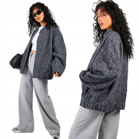 BOOHOO KURTKA BOMBERKA OVERSIZE Wełniany Look Teddy Boucle SZARA S/36