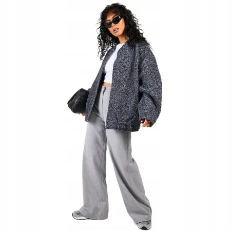 BOOHOO KURTKA BOMBERKA OVERSIZE Wełniany Look Teddy Boucle SZARA S/36