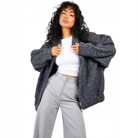 BOOHOO KURTKA BOMBERKA OVERSIZE Wełniany Look Teddy Boucle SZARA S/36