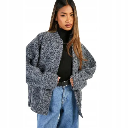 BOOHOO KURTKA BOMBERKA OVERSIZE Wełniany Look Teddy Boucle SZARA S/36